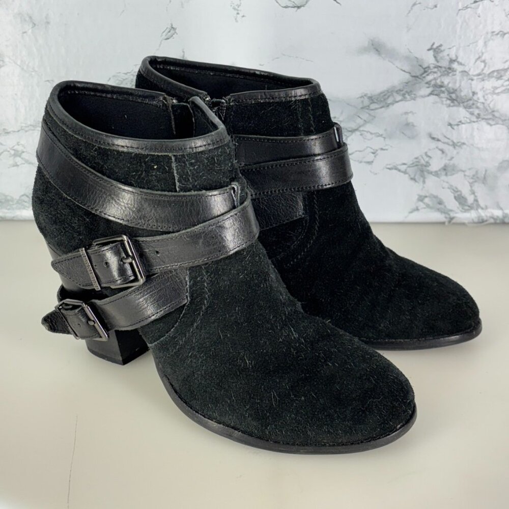 Gianni Bini Booties Black Suede zip up Buckle Size 8.5 almond toe block heel